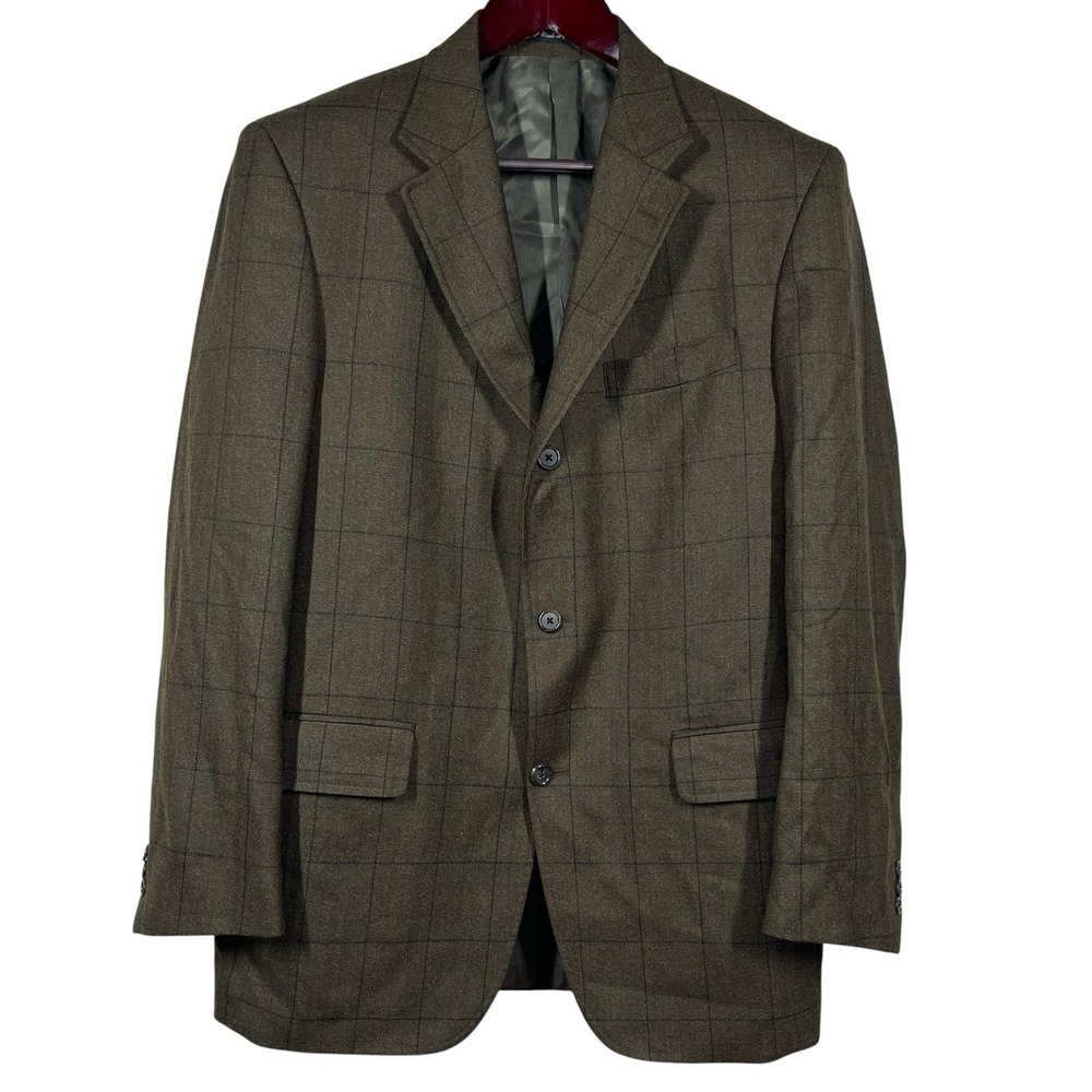 J Press Wool Sport Coat 44R Brown Windowpane Check Single Breasted Blazer